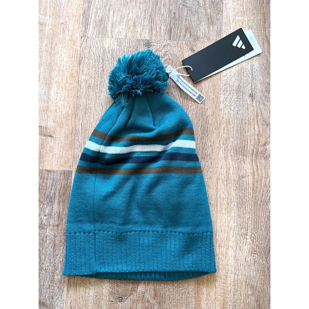 NWT Adidas Green Stripe Bobble Pom Beanie Hat Cap Women's Size Medium - Picture 4 of 7
